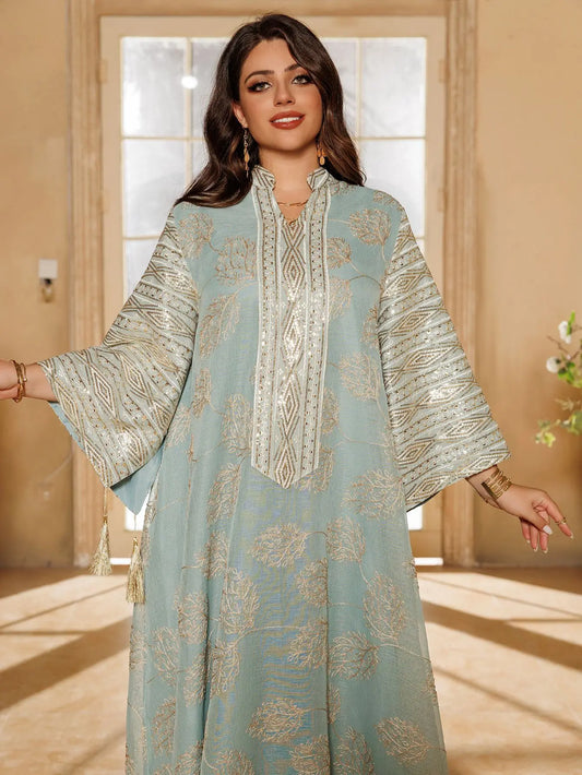 Muslim Women's Light Blue Islamic Embroidered Abaya with Gold Detailing Ideal for Formal Events in Middle East like UAE Saudi