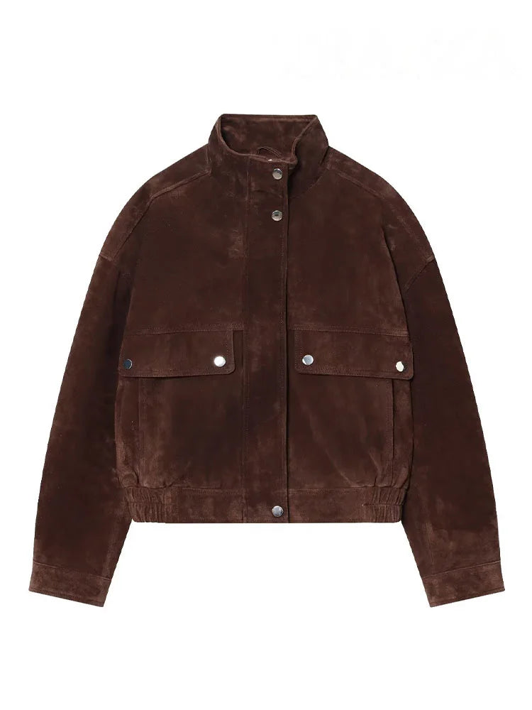 HH Women Autumn Casual Jacket Female Fashion Zipper Pocket Button Decoration Long Sleeves Coat Loose High Street Short Coat