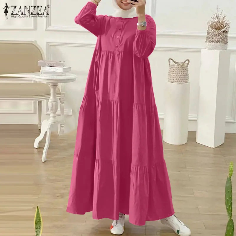 ZANZEA Autumn Women Long Vestidos Muslim Fashion O Neck Islamic Hijab Casual Loose Maxi Dress Tiered Long Sleeve Abaya Robes