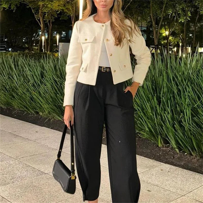 MUJER Tweed Cropped Jacket Woman Long Sleeve Vintage Jacket Woman Fashion Button Elegant Jackets For Women New In Short Coats