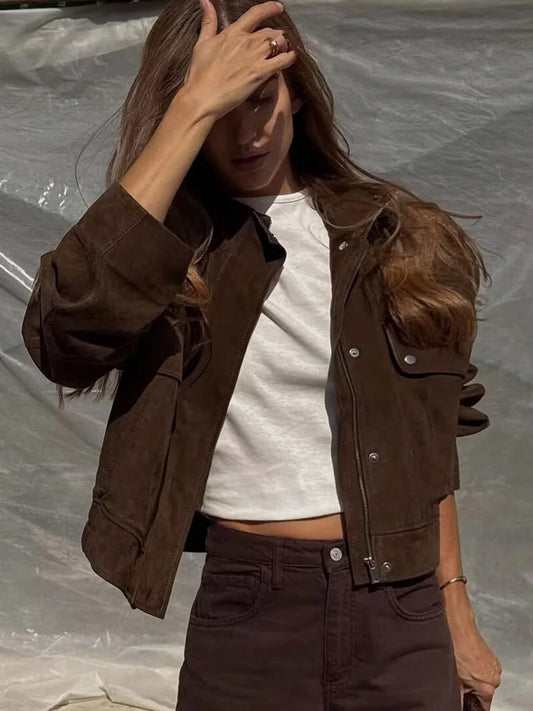 HH Women Autumn Casual Jacket Female Fashion Zipper Pocket Button Decoration Long Sleeves Coat Loose High Street Short Coat