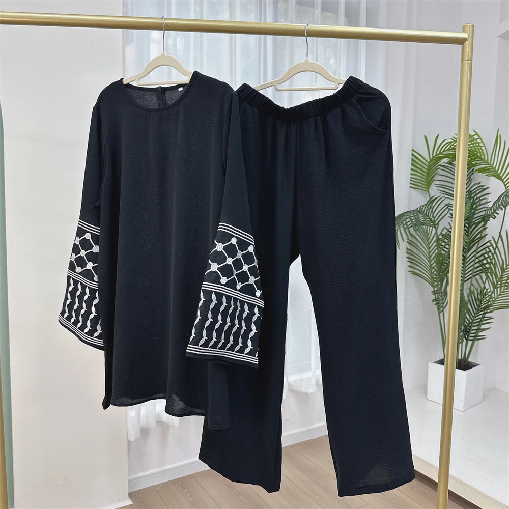 Eid Plain 2 Piece Abaya Set Tops Pants Modest Muslim Sets Abayas For Women Clothing Robe Caftan Marocain Femme Musulmane Kaftan