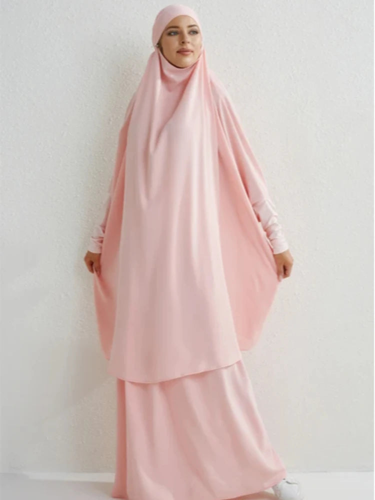 Muslim Sets Two Pieces Prayer Clothing Long Hooded Smocking Sleeve Shirts Hijab Loose Maxi Skirts Elastic Waist Women Abaya Sets