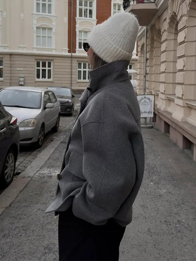 2025 Autumn Winter Stand Collar Coat Women Big Pockets Wool Blend Long Sleeve Single-breasted Thick Jacket Female Lady Outwears