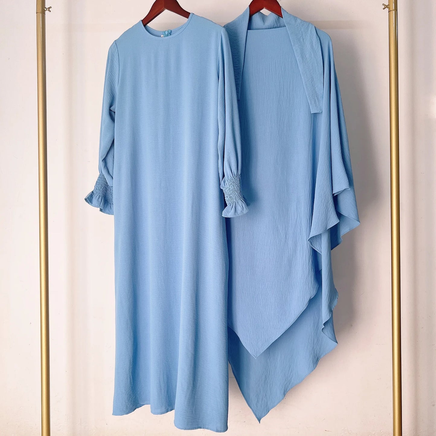 2 Pcs Muslim Set  New Sweet Solid Color Long Dress+Single Layer Shawl Suit  Abaya and Khimar Set Jilbab 2 Pcs Ramadan Long Hijab