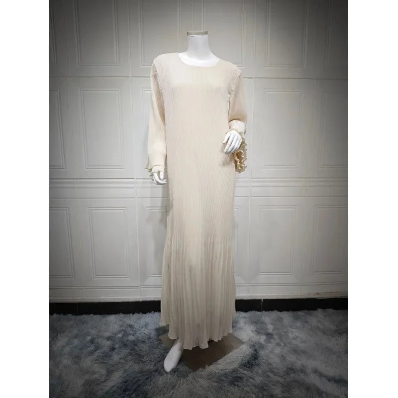 Muslim Dubai New Style Pleated Wrap Dress Pure Color Women's Fashion Green Light Peach Color Long Robe Traditional Middle East