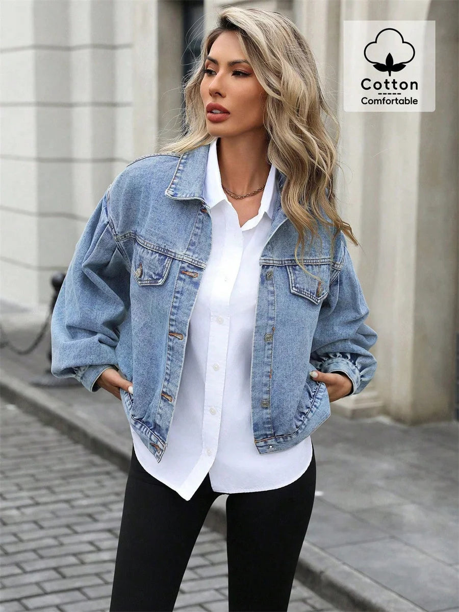 Benuynffy 2025 Autumn Vintage Lantern Sleeve Denim Jacket Women's Casual Streetwear Single Breasted Loose Short Jean Jackets