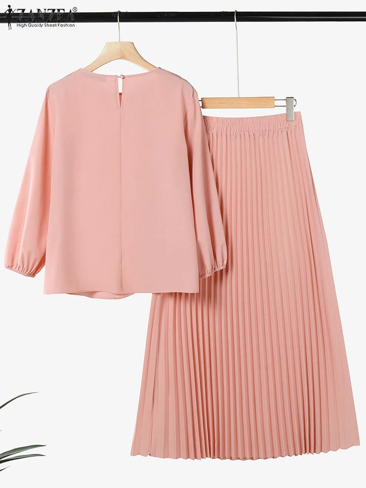 ZANZEA Muslim Woman 2 Piece Sets Islamic Fashion Ruched 3/4 Sleeve Tops Pleated Maxi Skirts 2PCS Outfits Solid Color Skirt Sets