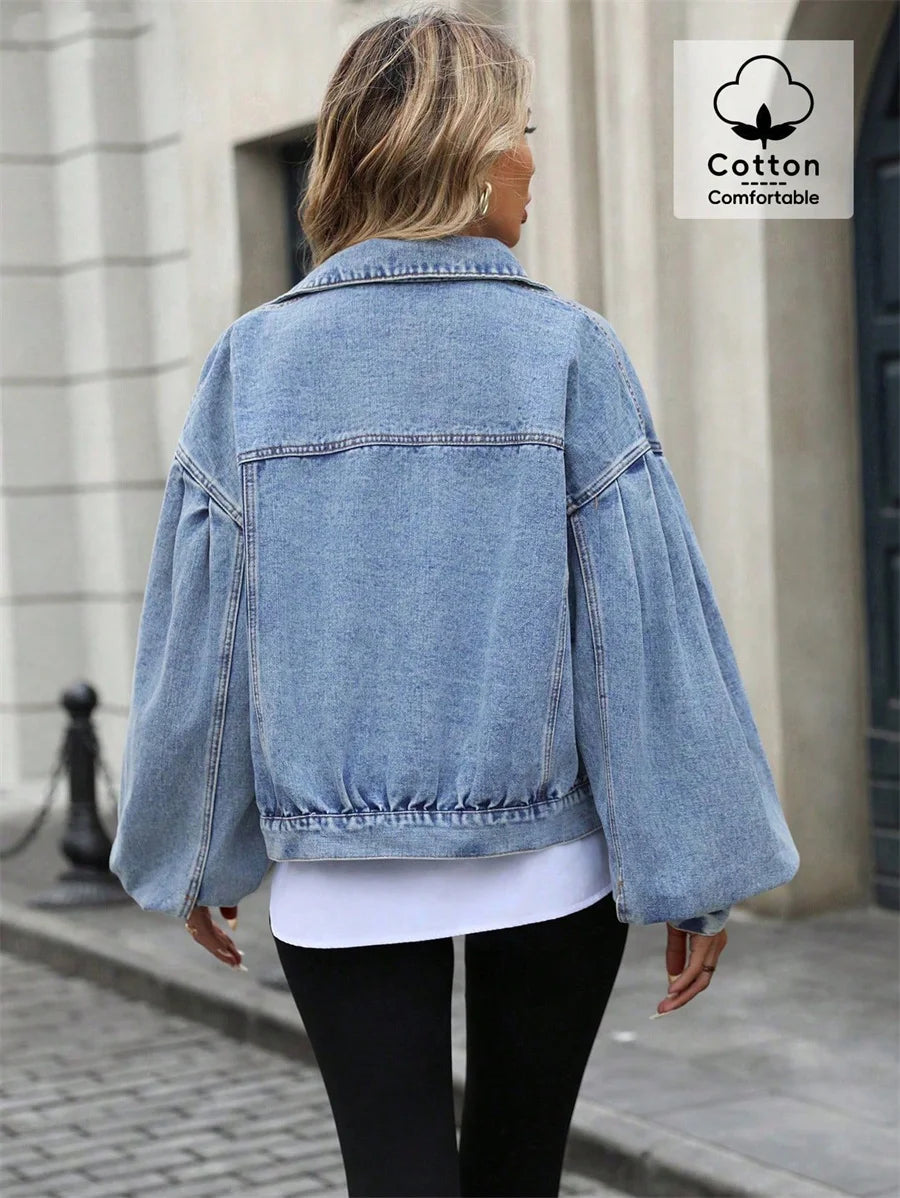 Benuynffy 2025 Autumn Vintage Lantern Sleeve Denim Jacket Women's Casual Streetwear Single Breasted Loose Short Jean Jackets