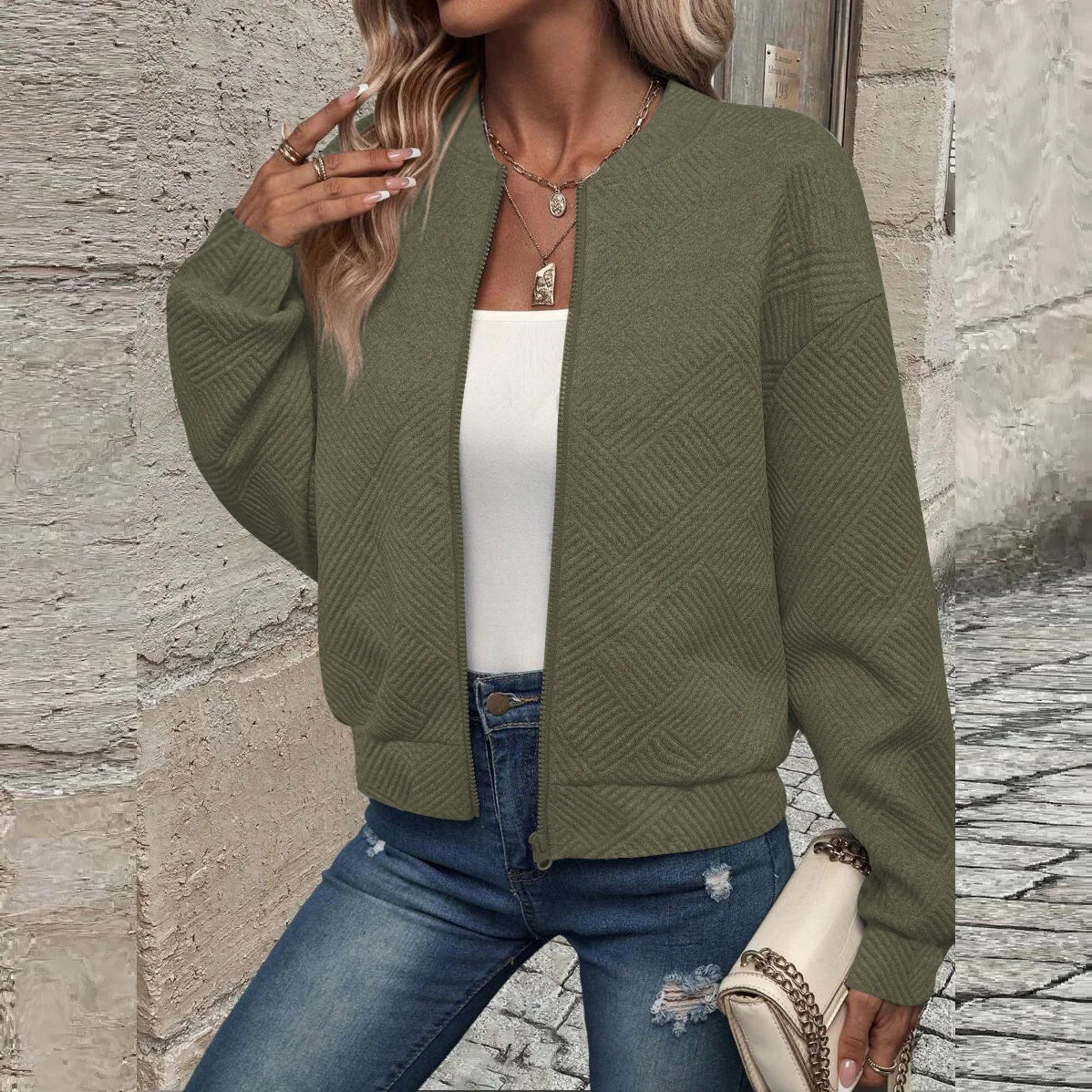 Women's autumn and winter new solid color simple and exquisite zipper jacket baseball collar casual jacket