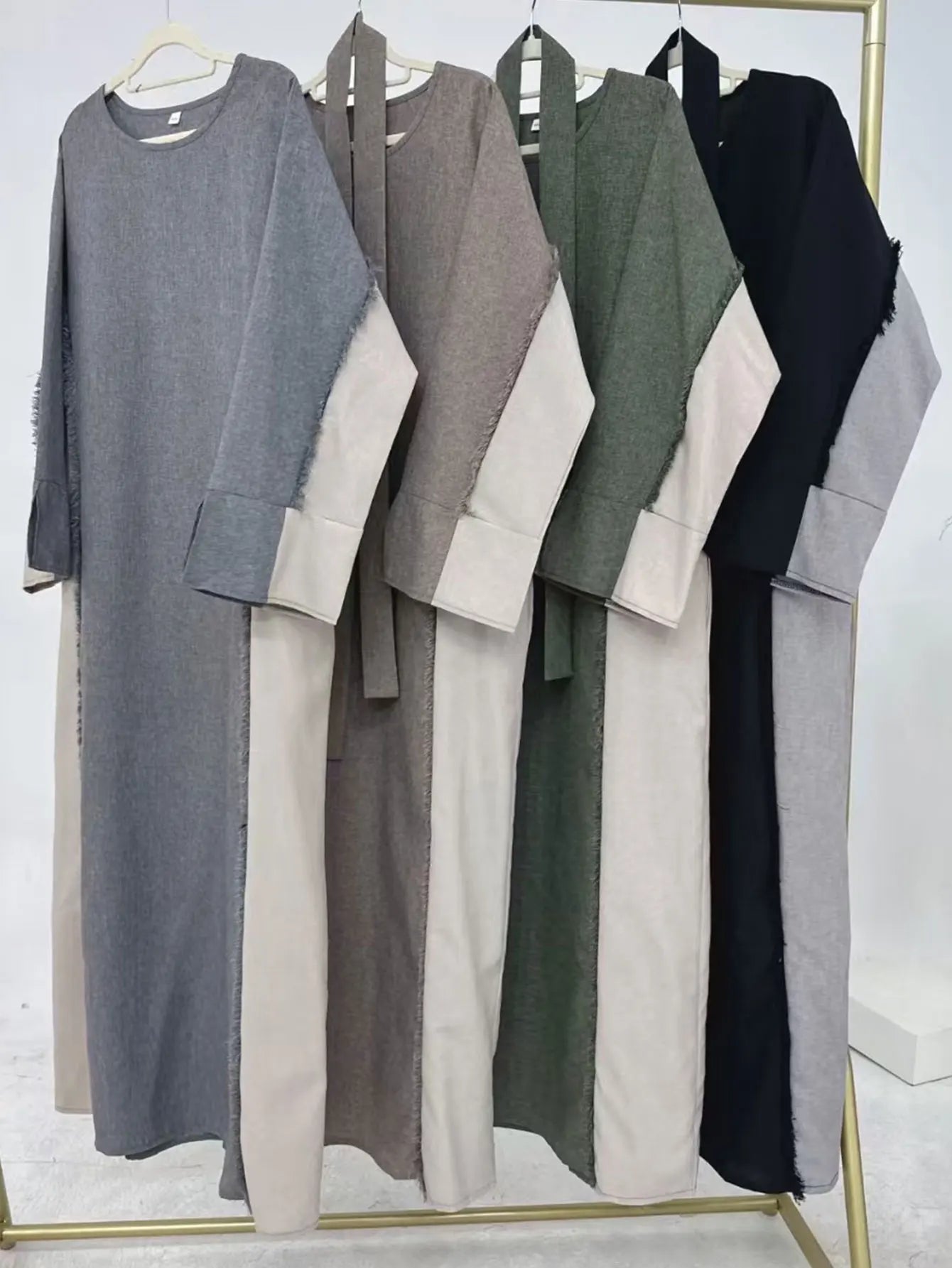New Trend Contrast Color Women Dresses Modest Abaya Muslim Women Dress Linen Frayed Closed Abaya Ramadan EID Dubai Abaya 2025