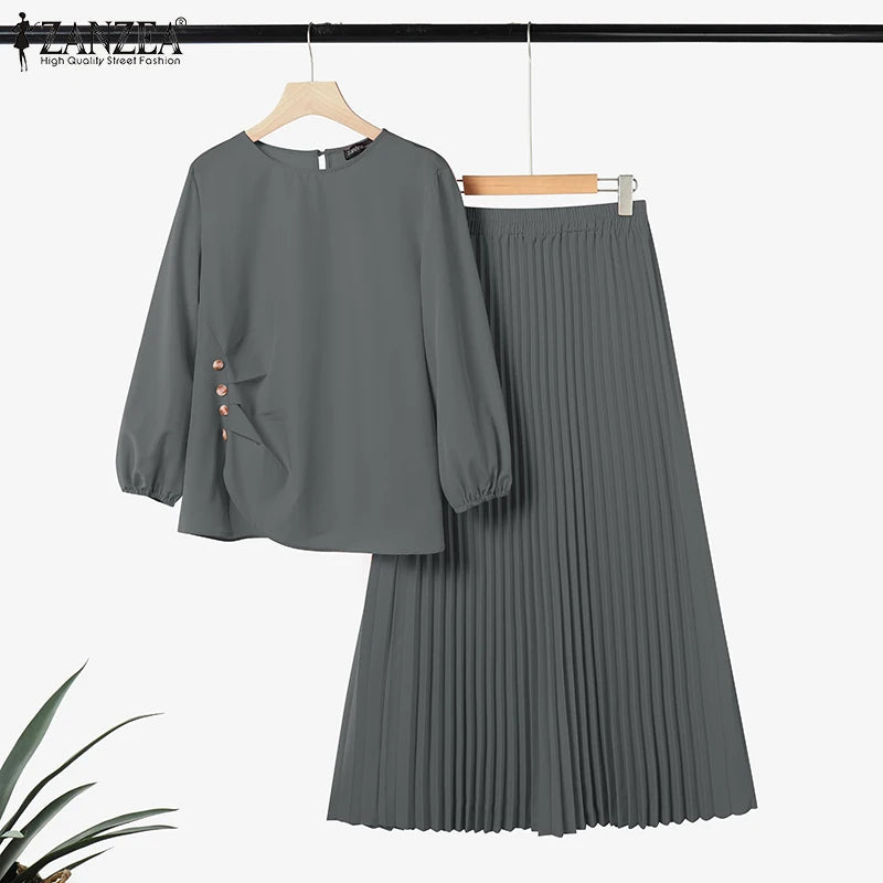 ZANZEA Muslim Woman 2 Piece Sets Islamic Fashion Ruched 3/4 Sleeve Tops Pleated Maxi Skirts 2PCS Outfits Solid Color Skirt Sets