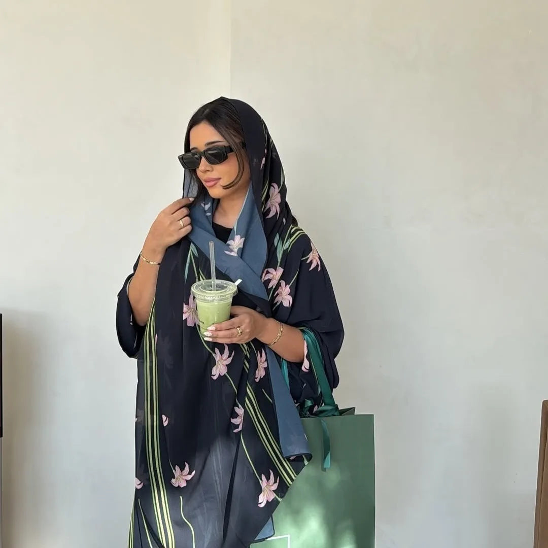 Uni Islamic Clothing Modest Abaya Women Muslim Dress Front Open Printed Abaya 2025 With Hijab Scarf Two Piece Set for Summer