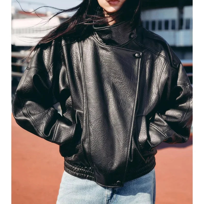 Street PU Leather Loose Jacket Women Fashion Solid Full Sleeve Stand Collar Single Breasted Coats Female 2025 Autumn Lady Coat