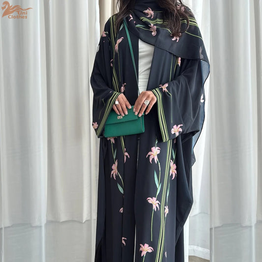 Uni Islamic Clothing Modest Abaya Women Muslim Dress Front Open Printed Abaya 2025 With Hijab Scarf Two Piece Set for Summer