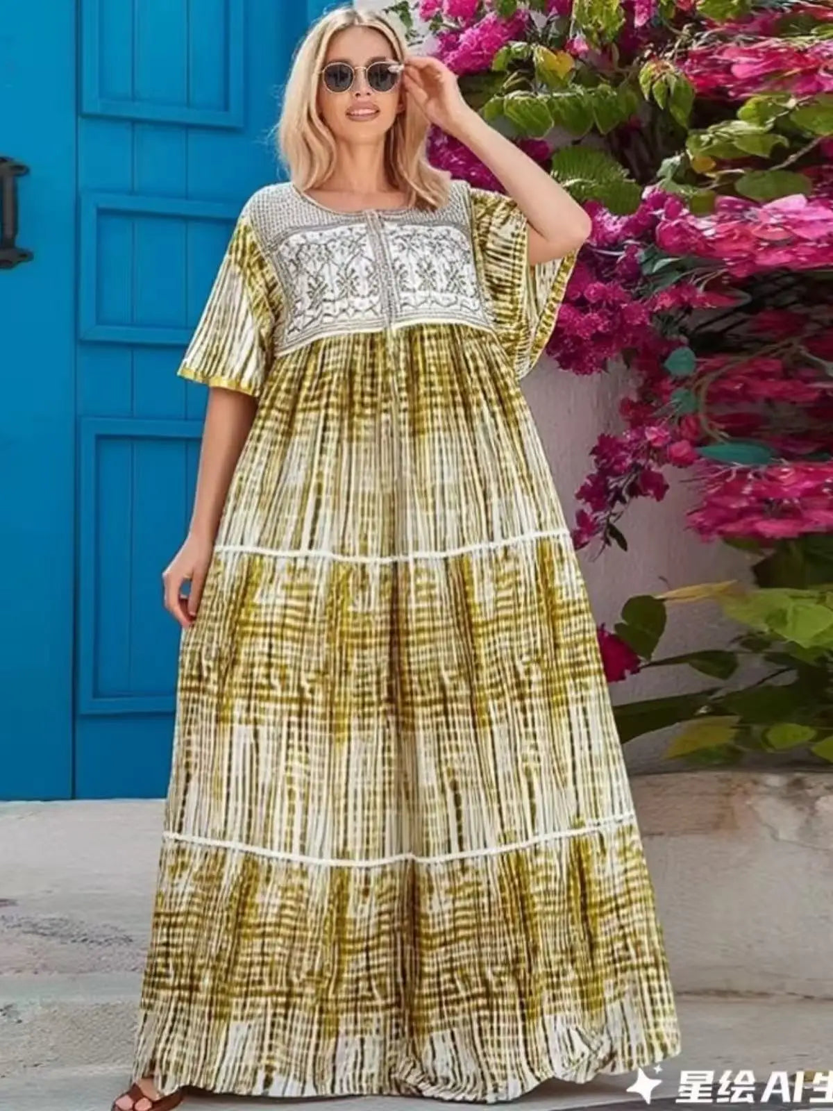 2025 New Muslim Abaya Summer Dress Short Sleeve Collect Waist Floral Loose Boubou Maxi Islam Women Dress African Abaya Clothing