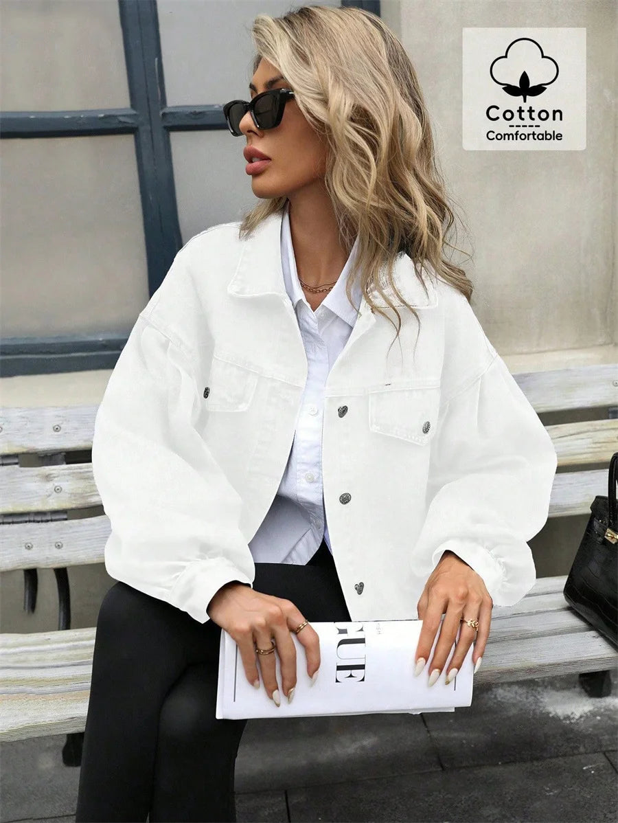 Benuynffy 2025 Autumn Vintage Lantern Sleeve Denim Jacket Women's Casual Streetwear Single Breasted Loose Short Jean Jackets