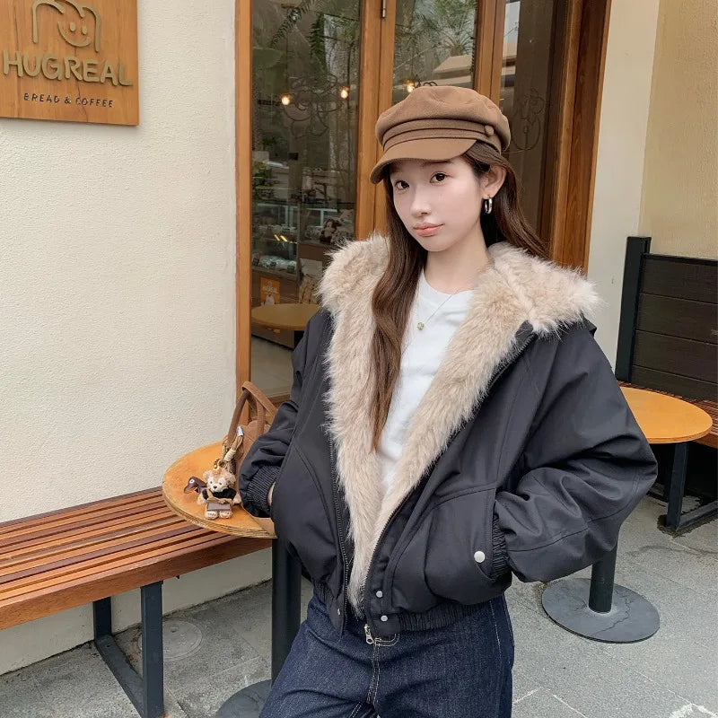 Winter Warm Clothing Women Y2K Retro Simple Plush Coat Sportswear New Loose Leather Motorcycle Punk Fur Collar Jacket Couple