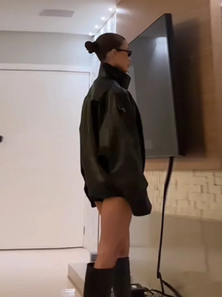 Street PU Leather Loose Jacket Women Fashion Solid Full Sleeve Stand Collar Single Breasted Coats Female 2025 Autumn Lady Coat