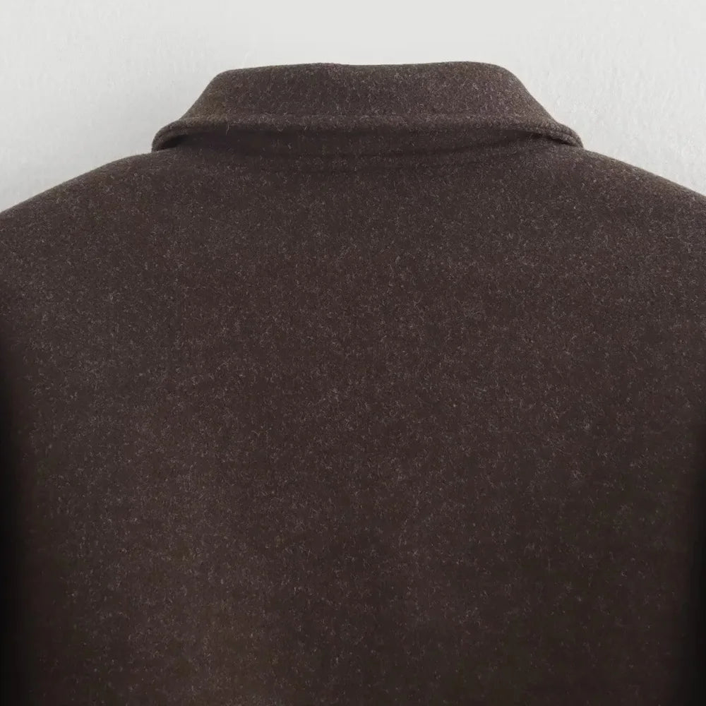 TRZA Women's Oversized Woolen Jacket Coat Long Sleeve Front Zipper Chic Outerwear with Pockets Fashion Top