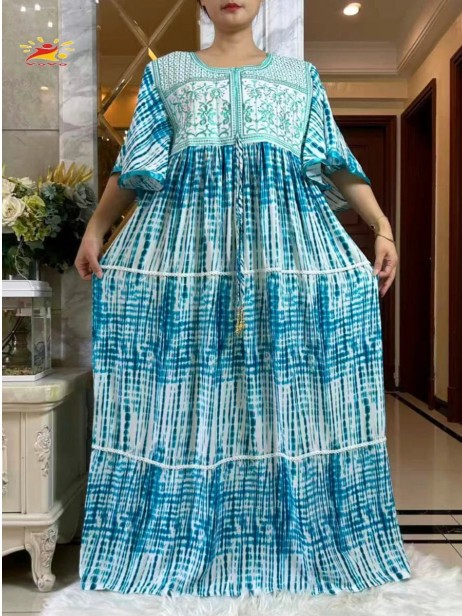 2025 New Muslim Abaya Summer Dress Short Sleeve Collect Waist Floral Loose Boubou Maxi Islam Women Dress African Abaya Clothing