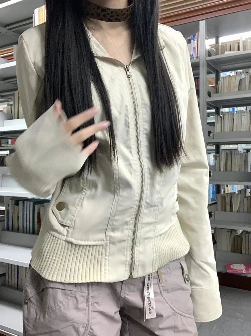 Vintage Stand Collar Women Jacket Y2K American Streetwear Slim Motorcycle Coats Female Gothic All Match Zipper Outerwear New