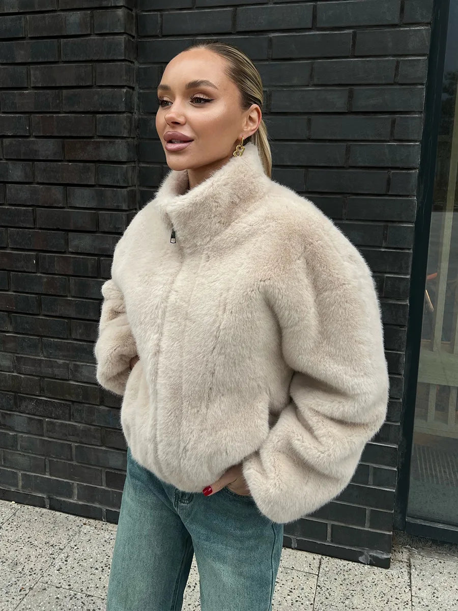 Blubelle New Women's Faux Fur Jacket Zipper Warm Plush Coat Oversized Soft Fluffy Stand Up Collar Autumn Winter Casual Jacket
