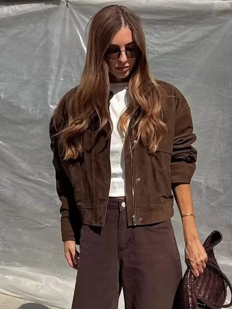 HH Women Autumn Casual Jacket Female Fashion Zipper Pocket Button Decoration Long Sleeves Coat Loose High Street Short Coat