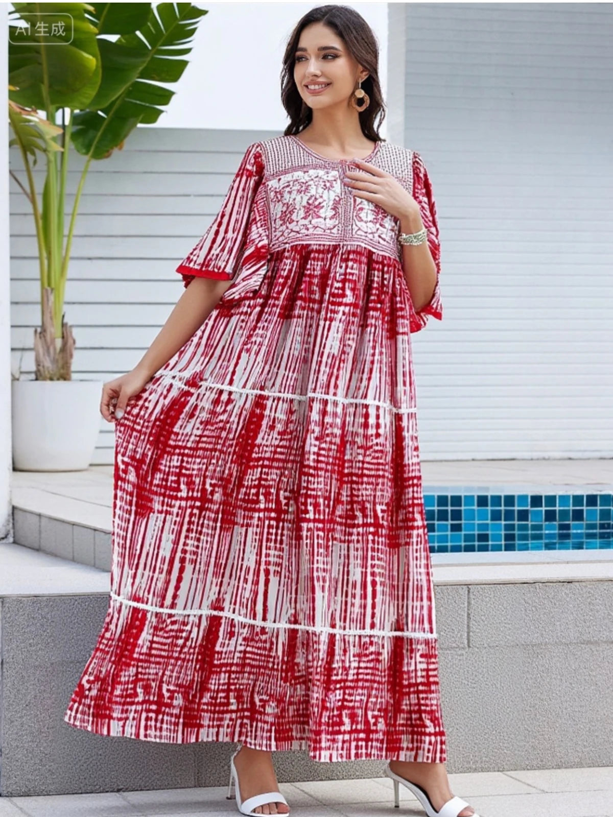 2025 New Muslim Abaya Summer Dress Short Sleeve Collect Waist Floral Loose Boubou Maxi Islam Women Dress African Abaya Clothing