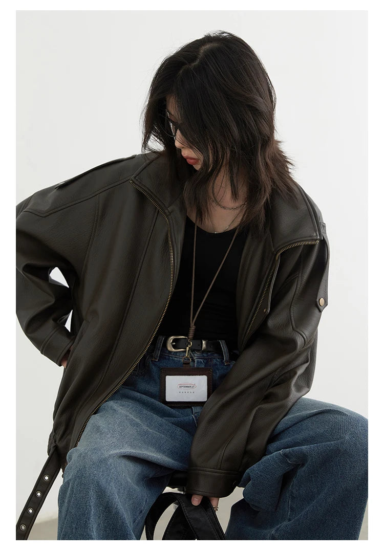 CHIC VEN Female PU Jacket Solid Loose New Retro Standing Collar Motorcycle Faux Leather Coat Female Top Spring Autumn 2024