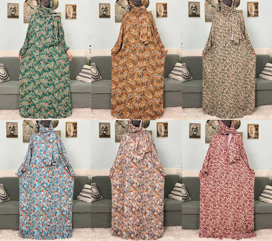 Muslim Cotton Abayas For Women Traditional Floral Ramadan Prayer Garment African Caftan Marocain Femme Robe Connected Headscarf