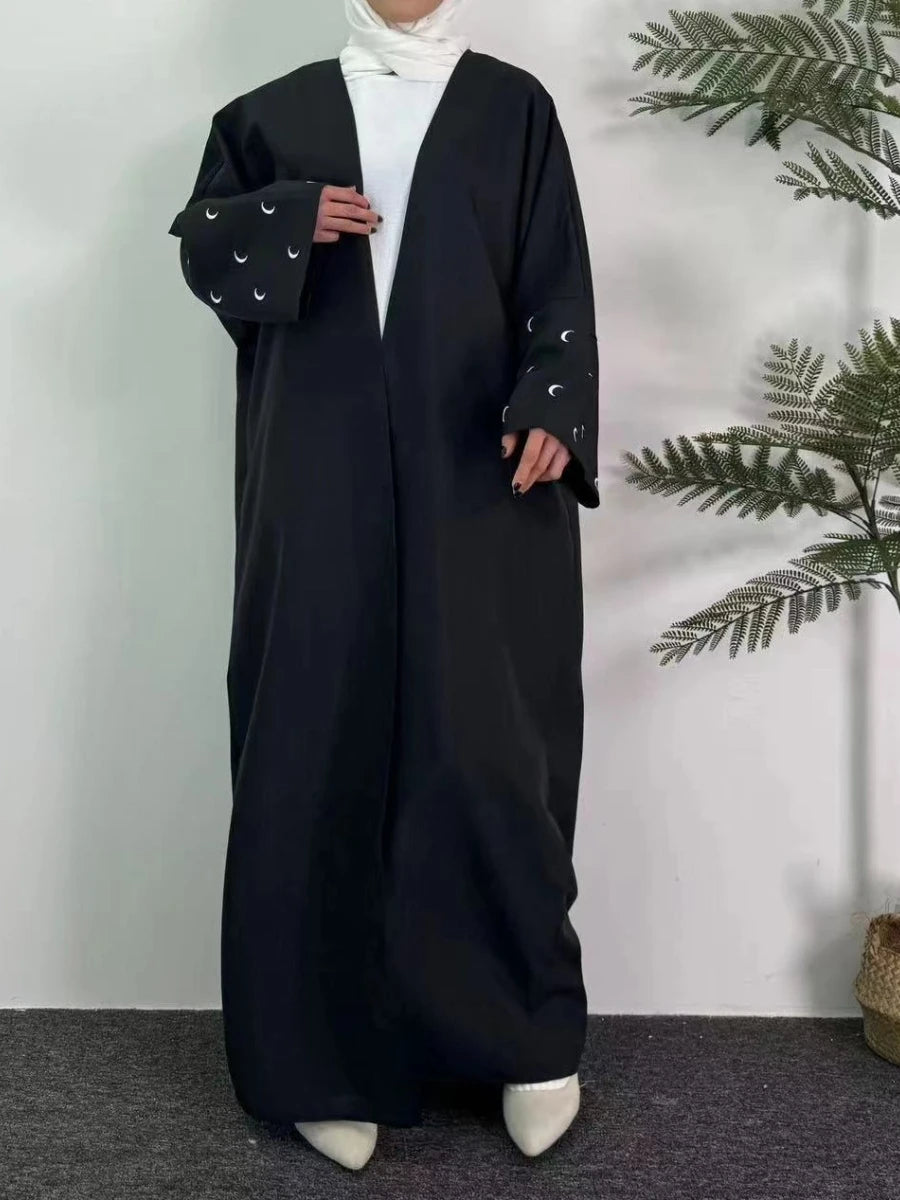 Moon Embroidery Open Front Abaya,Long Sleeve Maxi Length Dress Women's Clothing Muslim Cardigan Abayas Out Kaftans Women Jilbabs