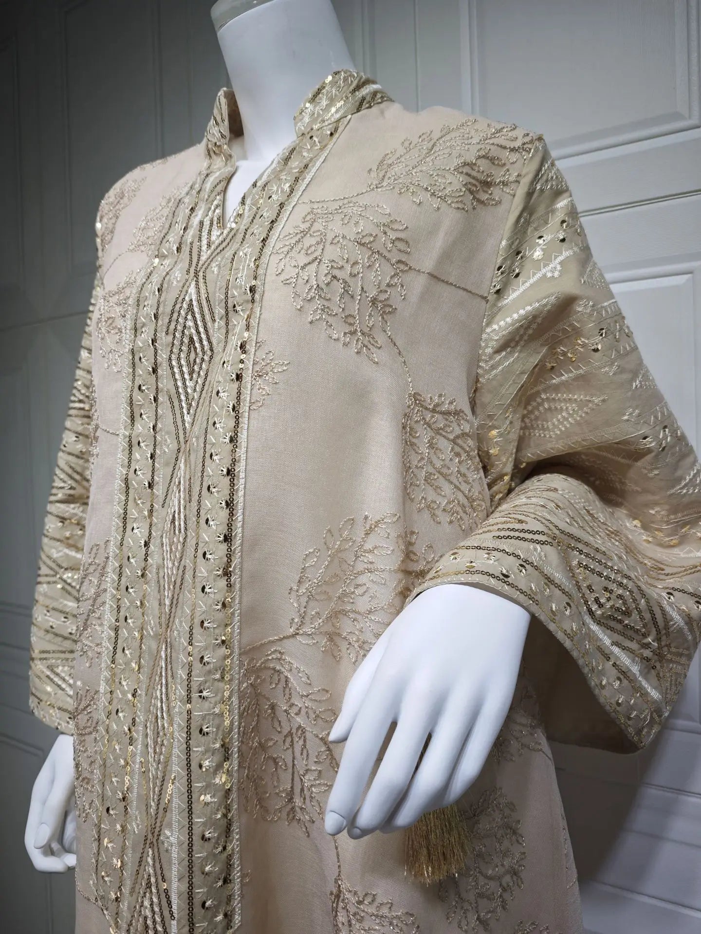 Muslim Women's Light Blue Islamic Embroidered Abaya with Gold Detailing Ideal for Formal Events in Middle East like UAE Saudi