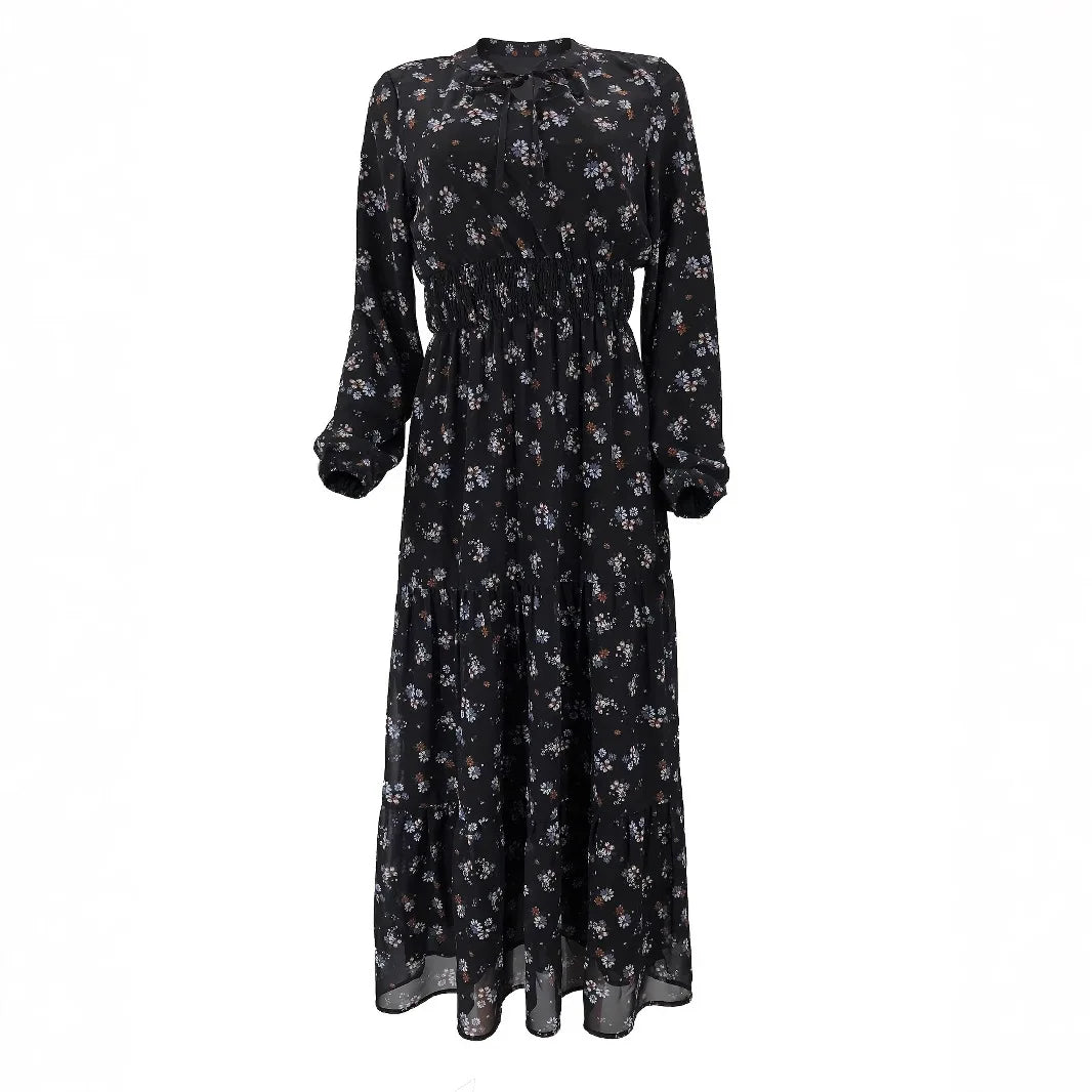 Fashion Muslim Chiffon Flowers Printing Dress High Waist Muslim Dress Abaya Woman Clothing Female Jalabiya