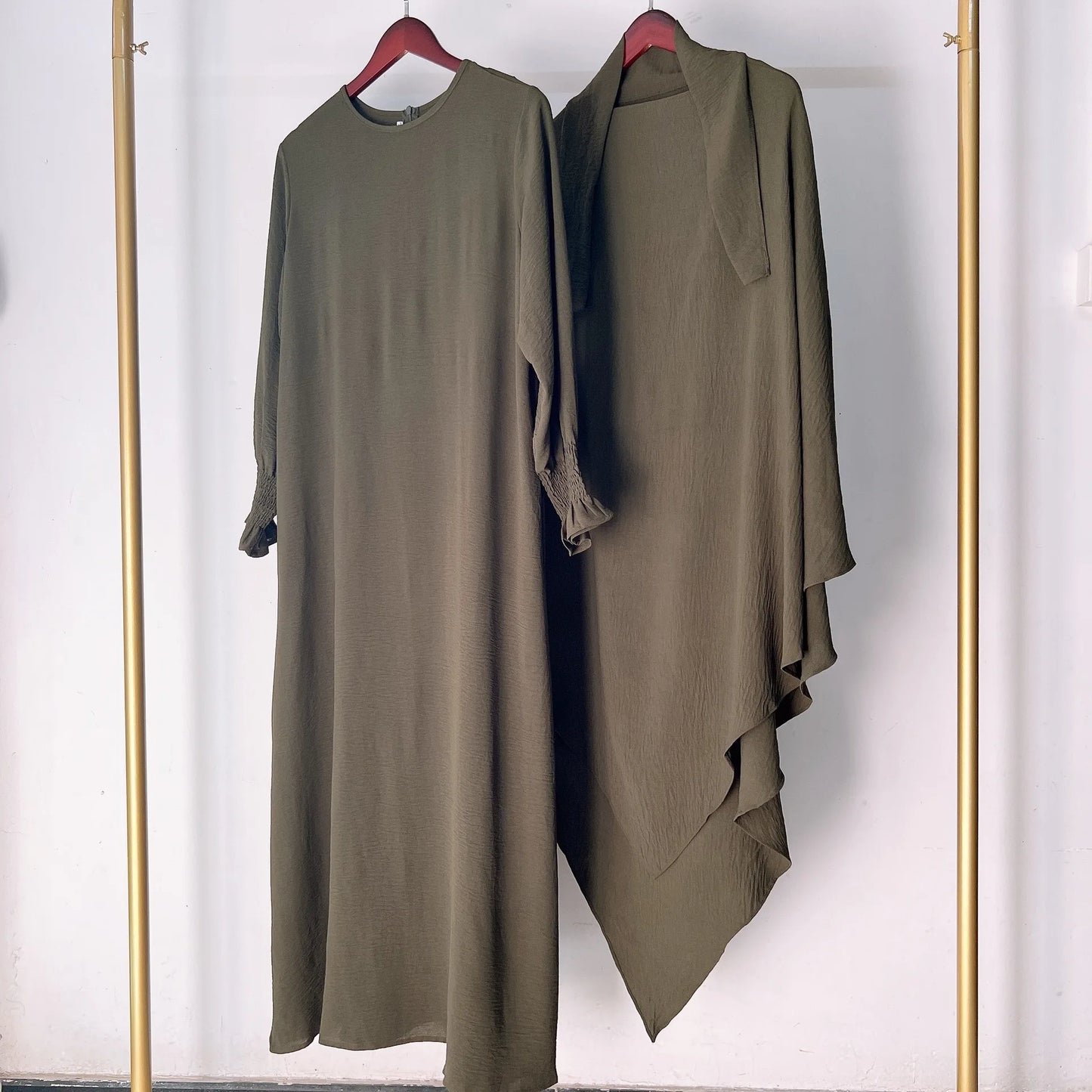 2 Pcs Muslim Set  New Sweet Solid Color Long Dress+Single Layer Shawl Suit  Abaya and Khimar Set Jilbab 2 Pcs Ramadan Long Hijab