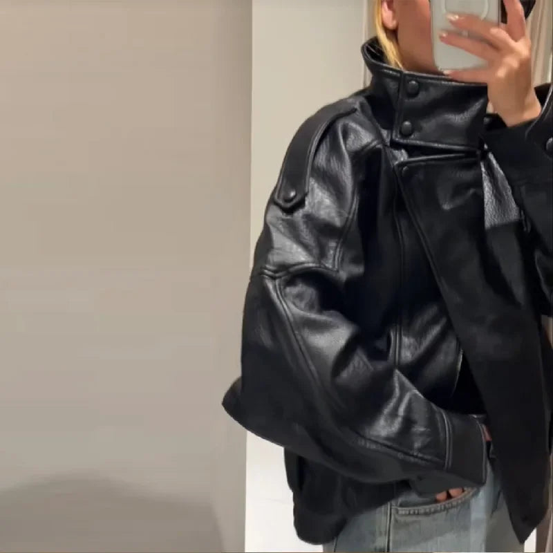 Street PU Leather Loose Jacket Women Fashion Solid Full Sleeve Stand Collar Single Breasted Coats Female 2025 Autumn Lady Coat