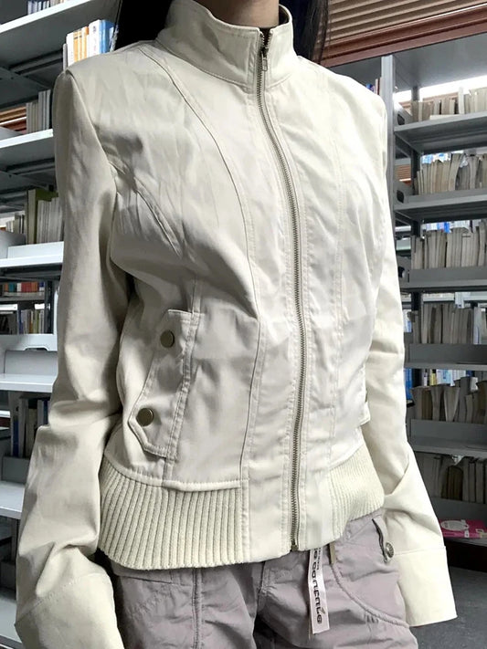 Vintage Stand Collar Women Jacket Y2K American Streetwear Slim Motorcycle Coats Female Gothic All Match Zipper Outerwear New