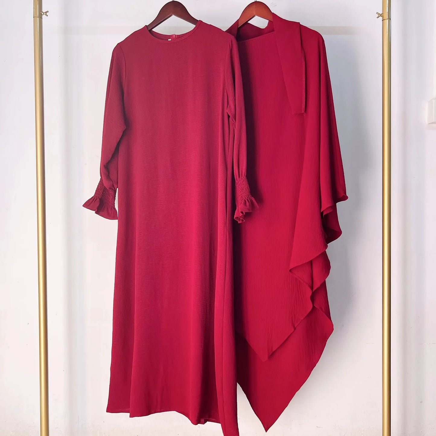 2 Pcs Muslim Set  New Sweet Solid Color Long Dress+Single Layer Shawl Suit  Abaya and Khimar Set Jilbab 2 Pcs Ramadan Long Hijab