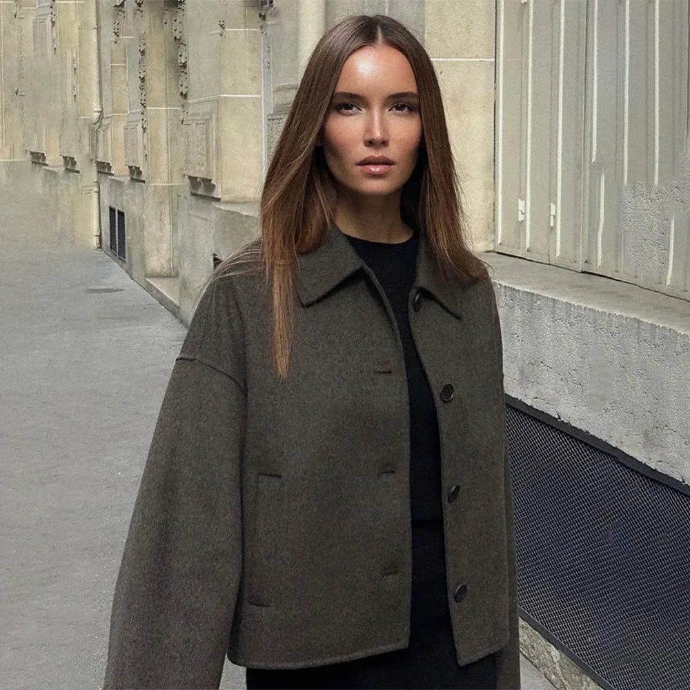 Woolen Women's Jacket Elegant Loose Long Sleeve Turndown Single Breasted Female Overcoat 2024 Winter Fashion Casual Lady Coat