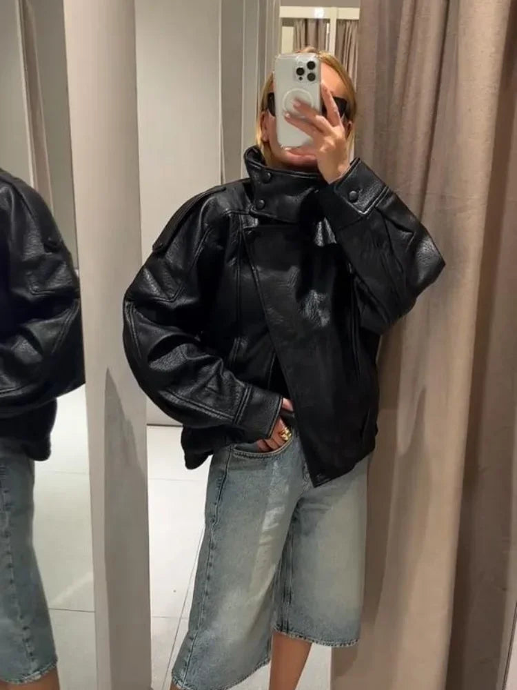 Street PU Leather Loose Jacket Women Fashion Solid Full Sleeve Stand Collar Single Breasted Coats Female 2025 Autumn Lady Coat