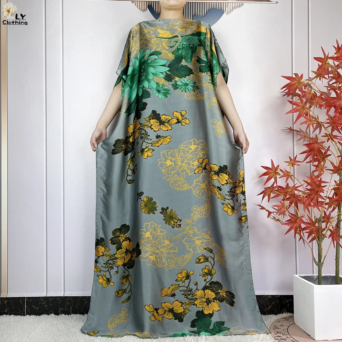 2024 Abayas Woman Short Sleeve Dress Print Loose Silk Soft Robe Elegant Fashion Dubai Islam Lady Party Maxi Summer Lady Clothing