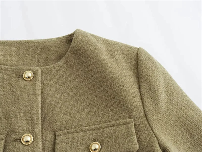 MUJER Tweed Cropped Jacket Woman Long Sleeve Vintage Jacket Woman Fashion Button Elegant Jackets For Women New In Short Coats