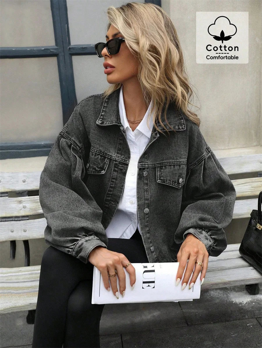 Benuynffy 2025 Autumn Vintage Lantern Sleeve Denim Jacket Women's Casual Streetwear Single Breasted Loose Short Jean Jackets