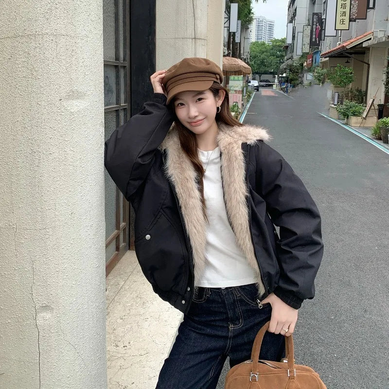 Winter Warm Clothing Women Y2K Retro Simple Plush Coat Sportswear New Loose Leather Motorcycle Punk Fur Collar Jacket Couple