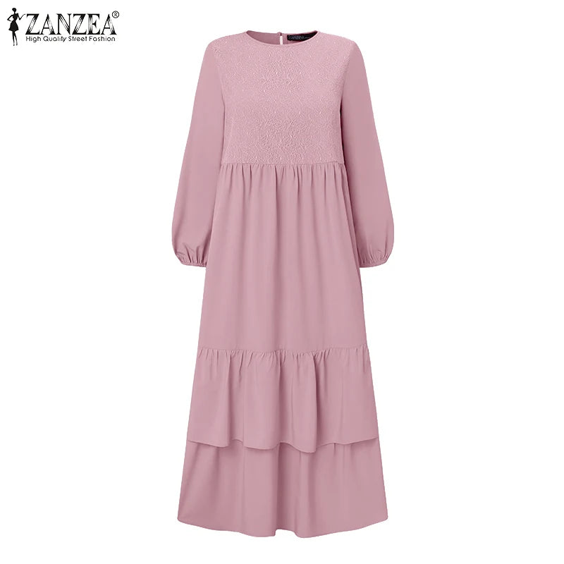 ZANZEA Elegant Women Autumn Long Sleeve Muslim Abaya Hijab Sundress IsIamic Robe Femme Maxi Long Dresses Patchwork Vestidos 2024