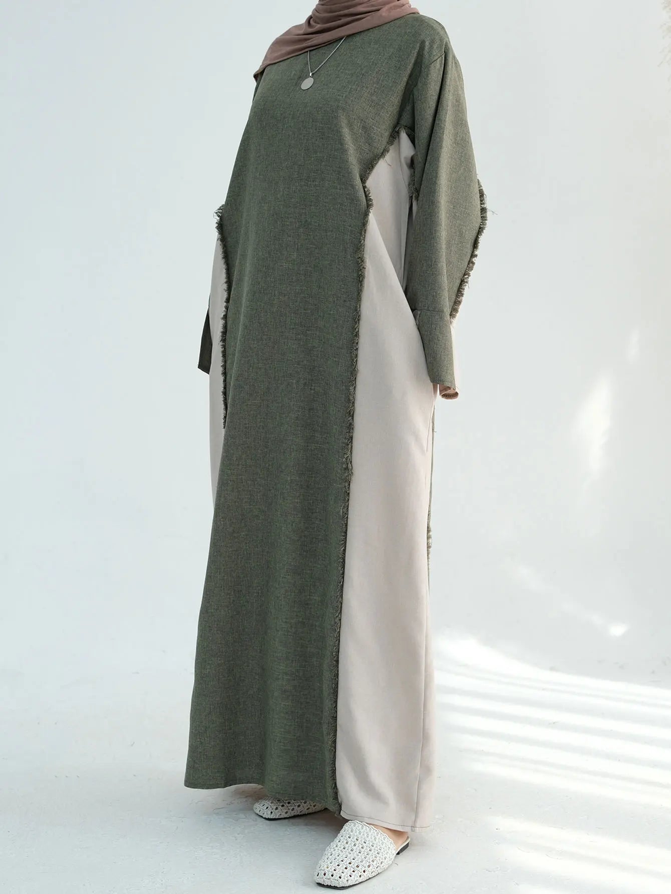 New Trend Contrast Color Women Dresses Modest Abaya Muslim Women Dress Linen Frayed Closed Abaya Ramadan EID Dubai Abaya 2025