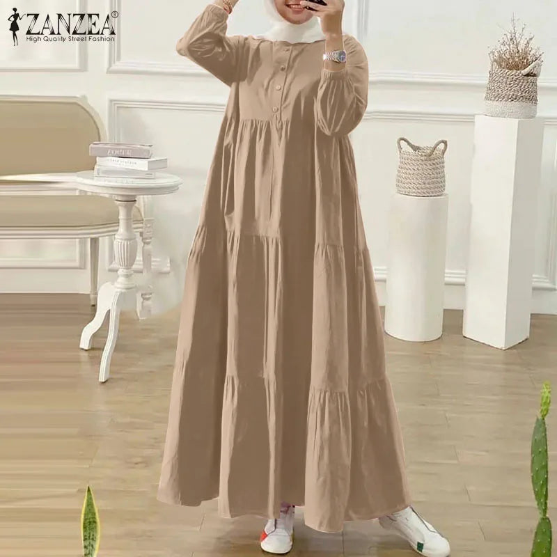 ZANZEA Autumn Women Long Vestidos Muslim Fashion O Neck Islamic Hijab Casual Loose Maxi Dress Tiered Long Sleeve Abaya Robes