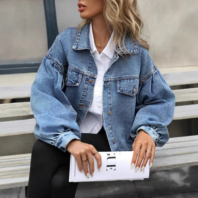 Benuynffy 2025 Autumn Vintage Lantern Sleeve Denim Jacket Women's Casual Streetwear Single Breasted Loose Short Jean Jackets
