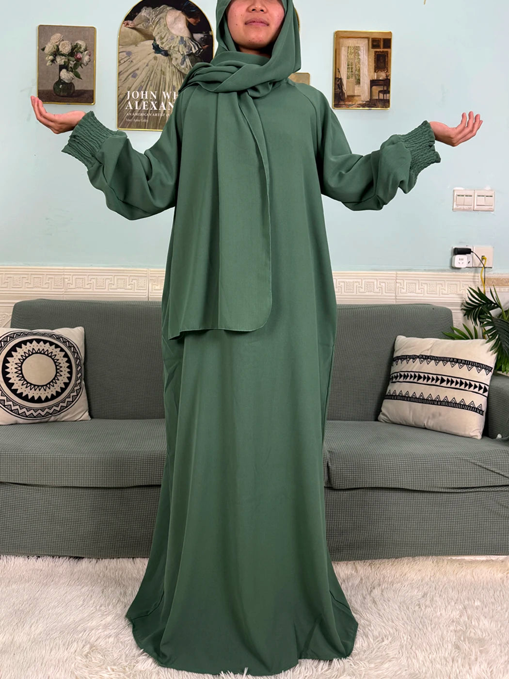 Muslim Abaya Ramadan 2025 For Women Pure Cotton Loose Prayer Femme Robe Elastic Cuffs African Dress With Connected Hijabs Scarf