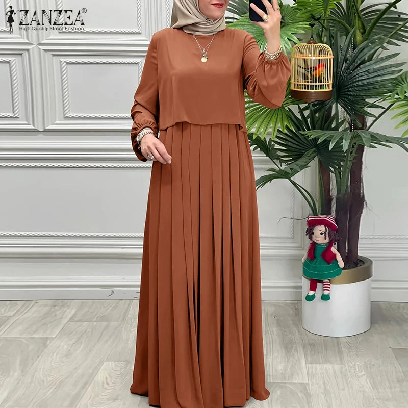 Women Autumn Patchwork Dresses 2025 ZANZEA Muslim Abaya Robe Femme Elegant Long Sleeve Solid Pleated Sundress IsIamic Clothing